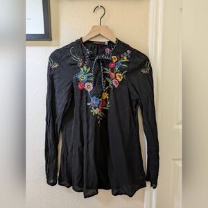 Johnny Was Black Blouse with Multicolor Floral Embroidery